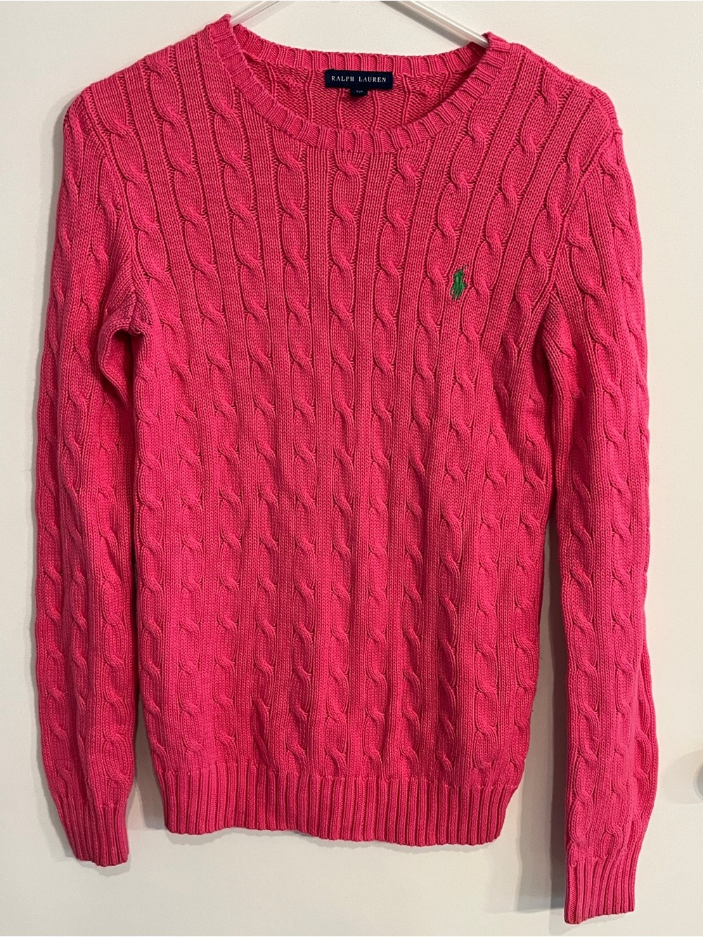 Women’s size small Ralph Lauren Cable Knit Pink With Green Pony Sweater